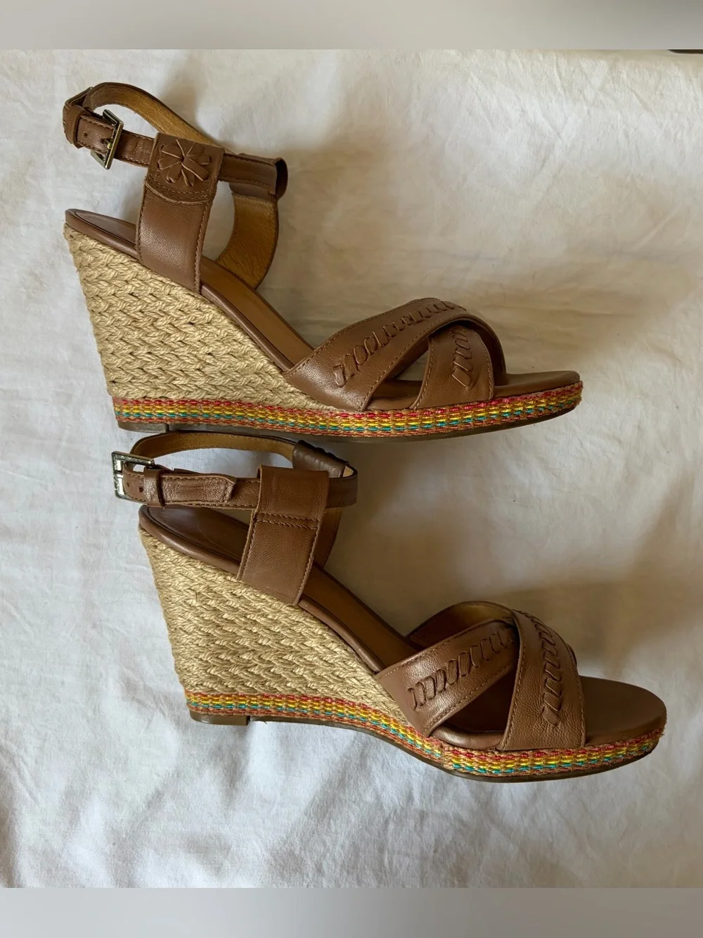 Jack Rogers Tan Leather Espadrille Wedge Heel 4” Sandals w Multicolor Trim 7.5